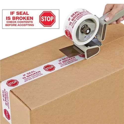 2" x 110yrd, 2mil Stop If Seal Is Broken Acrylic Hand Tape 36 Rolls/Case, 75 CS/Skd, BOPP Backing