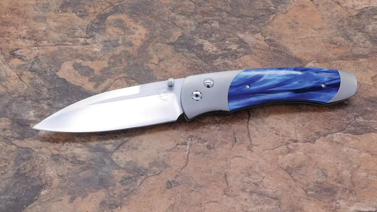 A300-2 Button Lock Folding Knife with Blue Kirinite