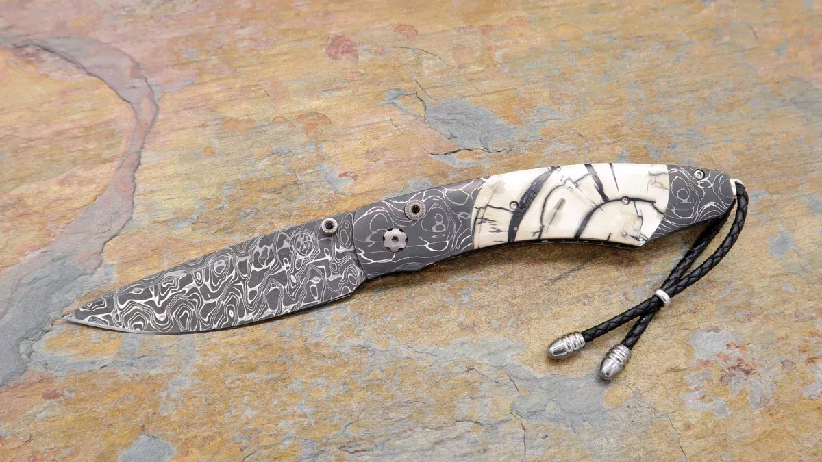 B12-Adventure, Damascus Blade and Handle with Ring Cut Mammoth Tusk