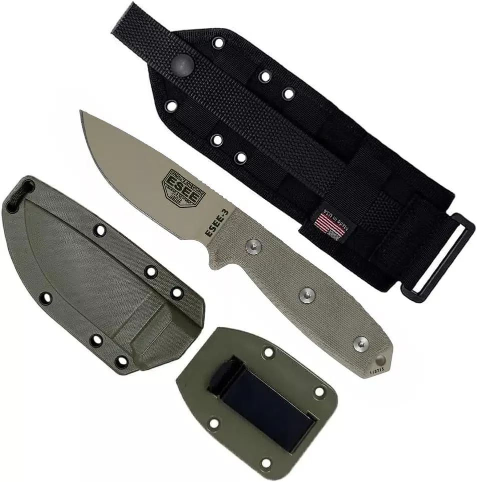 ESEE-3 Fixed Blade Knife 1095 Micarta Handle Desert Tan Sheath ESEE-3P-MB-DT