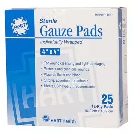 Hart Health 1854 Gauze Pads, sterile, 4" x 4", 25 per box