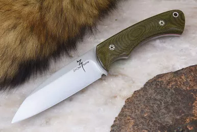 Zoe Crist Knives: Fire Creek Fixed Blade Knife w/ Green Canvas Micarta Handle, Red Liners & Mosaic Pins
