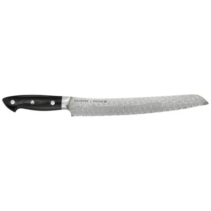 Zwilling Kramer Euroline 10" Bread Knife - 101 Layer Chevron Pattern Damascus SG2 (MC63) Micro-Carbide Powder Stainless Steel Serrated Blade w/ V-Edge - Black Linen Micarta Handle w/ Bob Kramer Mosiac Pin & Exposed Tang | Made in Japan