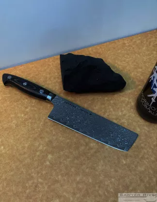 Zwilling Kramer Euroline 6.5" Nakiri - 101 Layer Chevron Pattern Damascus SG2 (MC63) Micro-Carbide Powder Stainless Steel Wide Blade w/ Fine V-Edge - Black Linen Micarta Handle w/ Bob Kramer Mosiac Pin & Exposed Tang | Made in Japan