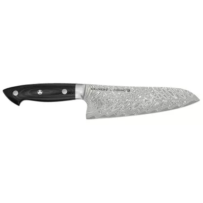 Zwilling Kramer Euroline 7" Santoku Knife - 100 Layer Chevron Pattern Damascus SG2 (MC63) Micro-Carbide Powder Stainless Steel Extra-Wide Blade w/ Honbazuke Edge - Black Linen Micarta Handle w/ Bob Kramer Mosiac Pin & Exposed Tang | Made in Japan